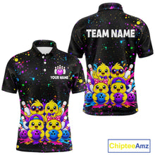 Load image into Gallery viewer, Front and back view personalized bowling polo shirt with cartoon chicks holding bowling balls, framed by pins and colorful paint patterns on a black layout.