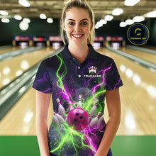 Load image into Gallery viewer, Women wearing personalized bowling polo with pink ball, scattered pins, neon lightning, team name, and player name on black background