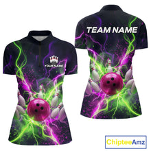 Load image into Gallery viewer, Front and back personalized bowling quarter zip with pink ball, scattered pins, neon lightning, team name, and player name on black background