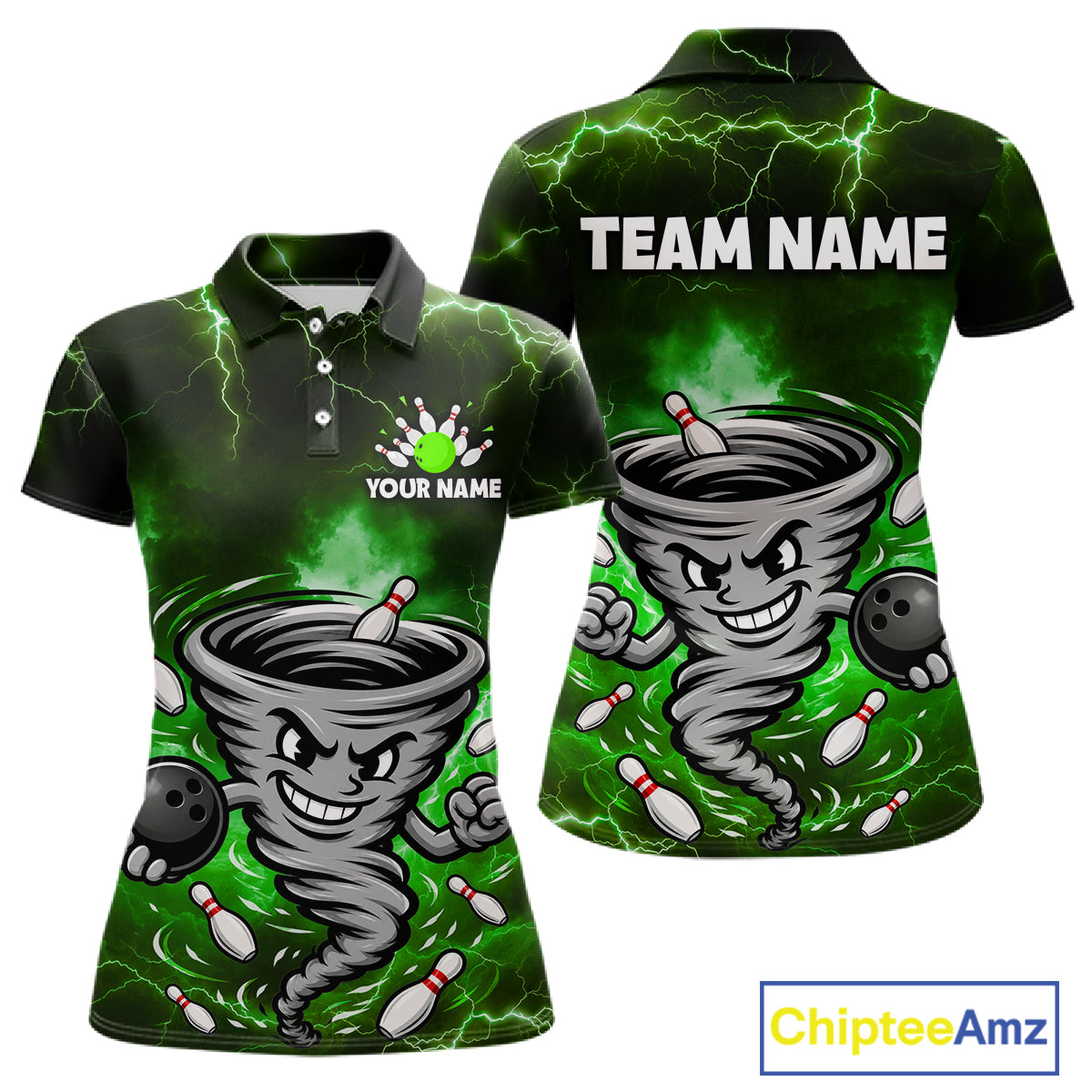 Custom Green Thunder Lightning Tornado Bowling Jersey for Women Bowling Team Shirts Polo & 1/4 Zip HNT477