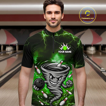 Custom Green Thunder Lightning Tornado Bowling Jersey for Men Bowling Team Shirts Polo & 1/4 Zip HNT477