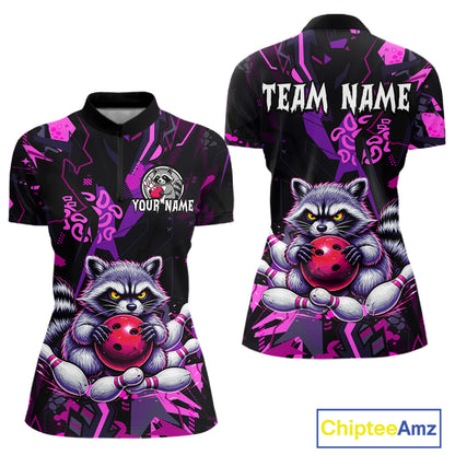 Custom Funny Raccoon Bowling Jersey for Women Bowling Team Shirts Bowling League Polo & 1/4 Zip HNT478