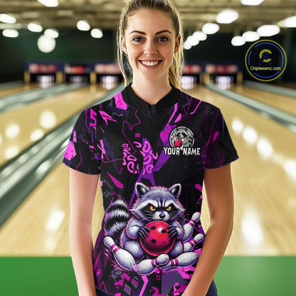 Custom Funny Raccoon Bowling Jersey for Women Bowling Team Shirts Bowling League Polo & 1/4 Zip HNT478