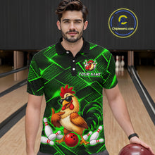 Load image into Gallery viewer, Man wearing a green and black bowling polo shirt featuring a cool rooster mascot wearing sunglasses, a red bowling ball, bowling pins, and custom your name text.