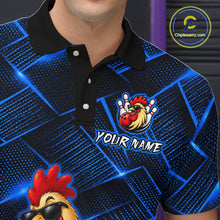 Load image into Gallery viewer, Black polo shirt with a rooster logo and 'Your Name' text on a blue geometric pattern background.