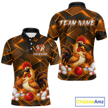 Load image into Gallery viewer, Front and back views of a orange and black bowling polo shirt featuring a cool rooster mascot wearing sunglasses, a red bowling ball, bowling pins, and custom team text.