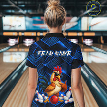 Load image into Gallery viewer, Woman wearing a blue and black bowling polo shirt featuring a cool rooster mascot wearing sunglasses, a red bowling ball, bowling pins, and custom team name text.