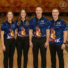 Load image into Gallery viewer, Four people wearing blue and black bowling polo shirt featuring a cool rooster mascot wearing sunglasses, a red bowling ball, bowling pins, and custom your name text.