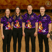 Load image into Gallery viewer, Four people wearing purple and black bowling polo shirt featuring a cool rooster mascot wearing sunglasses, a red bowling ball, bowling pins, and custom your name text.