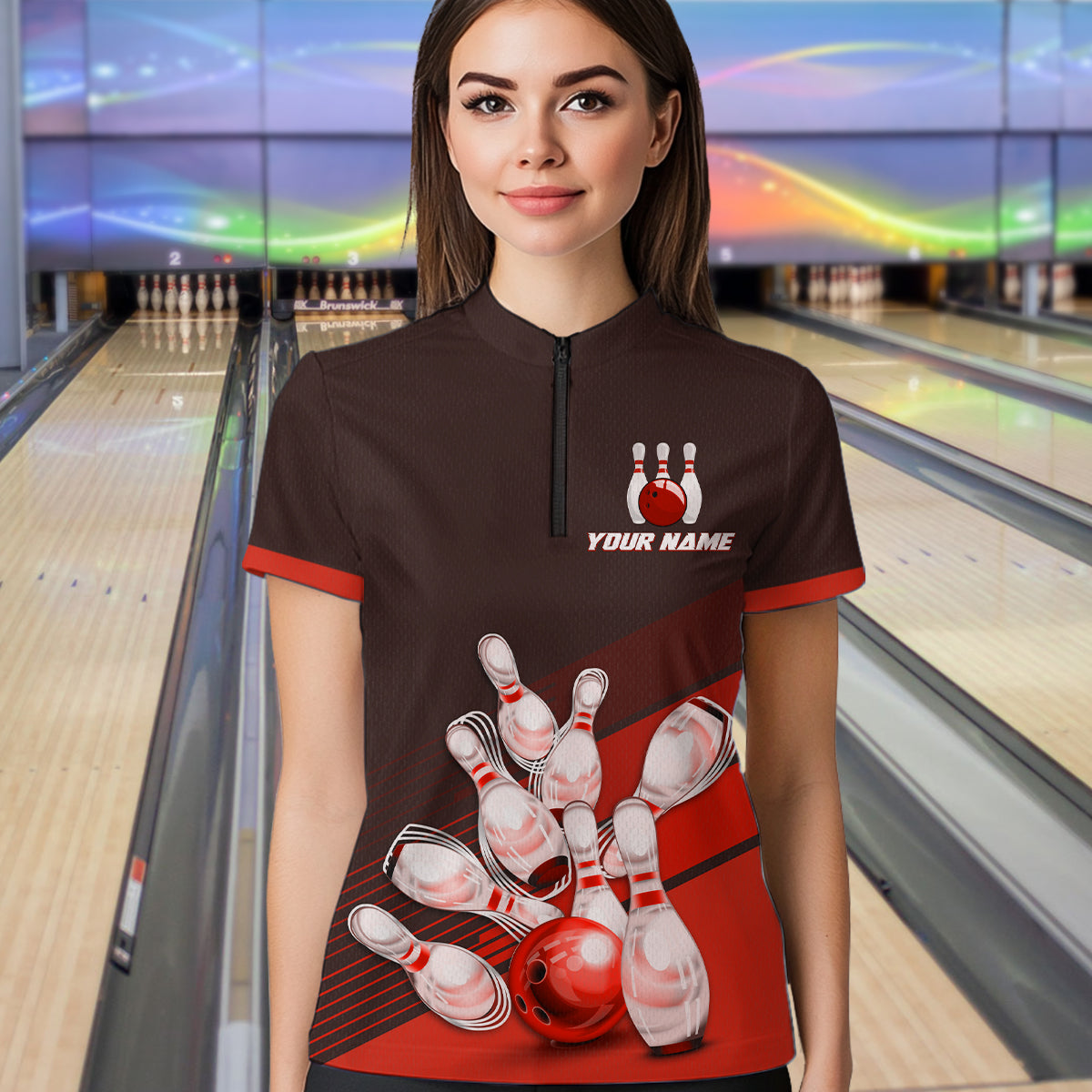 Red Bowling Jersey for Women Custom Bowling Team Shirts Bowling League Polo & 1/4 Zip HNT166