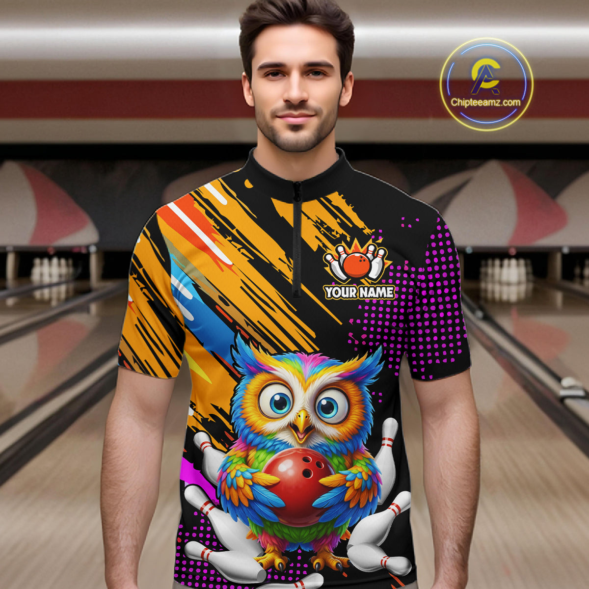 Custom Funny Colorful Owl Bowling Jersey for Men Bowling Uniform Polo & 1/4 Zip Bowling Team Shirts HNT237