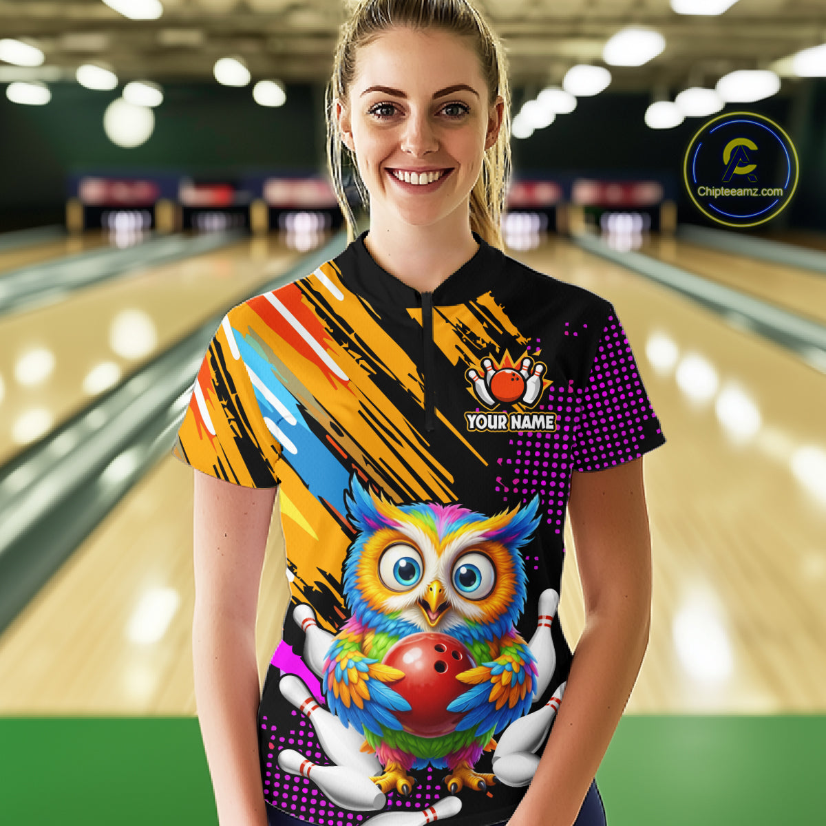 Custom Funny Colorful Owl Bowling Jersey for Women Bowling Uniform Polo & 1/4 Zip Bowling Team Shirts HNT237