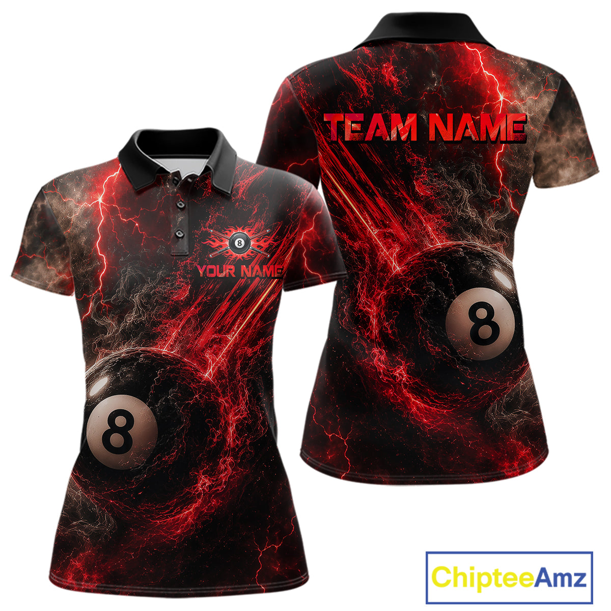 Custom Flaming Red Lightning 8 Ball Billiard Shirt for Women Billiard Team Jersey Billiard League NNT194