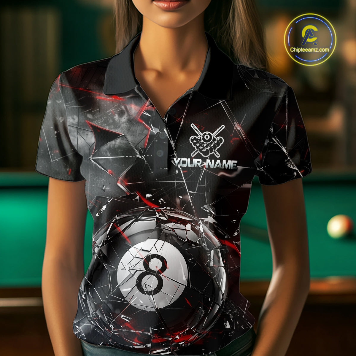 Custom Broken Glass 8 Ball Billiard Shirt for Women Billiard Team Jersey Billiard League NNT193