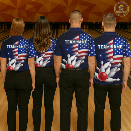 Custom US Flag Galaxy Bowling Jersey for Women Bowling Team Shirts Bowling Polo & 1/4 Zip HNT169