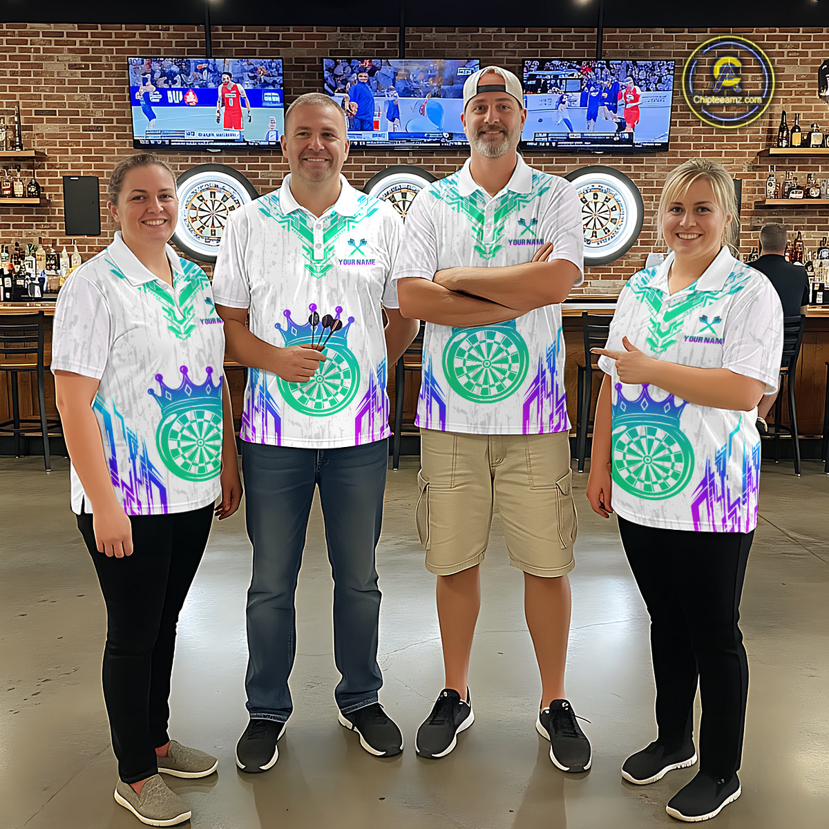 Custom Neon White Crown Dart Shirts for Men Darts Team Jerseys Dart League Polo & 1/4 Zip NNT140