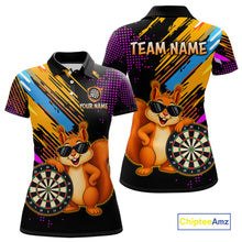Load image into Gallery viewer, Polo shirt with a cartoon squirrel holding a dartboard, customizable text, and Chiptee Amz branding.