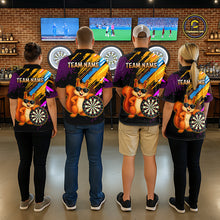 Load image into Gallery viewer, Four people wearing matching team jerseys with a cartoon character and dartboard design in a bar setting.