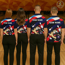 Load image into Gallery viewer, Four people wearing navy, red, and white bowling polo featuring a cartoon pug holding a purple bowling ball, pins, and custom team text.