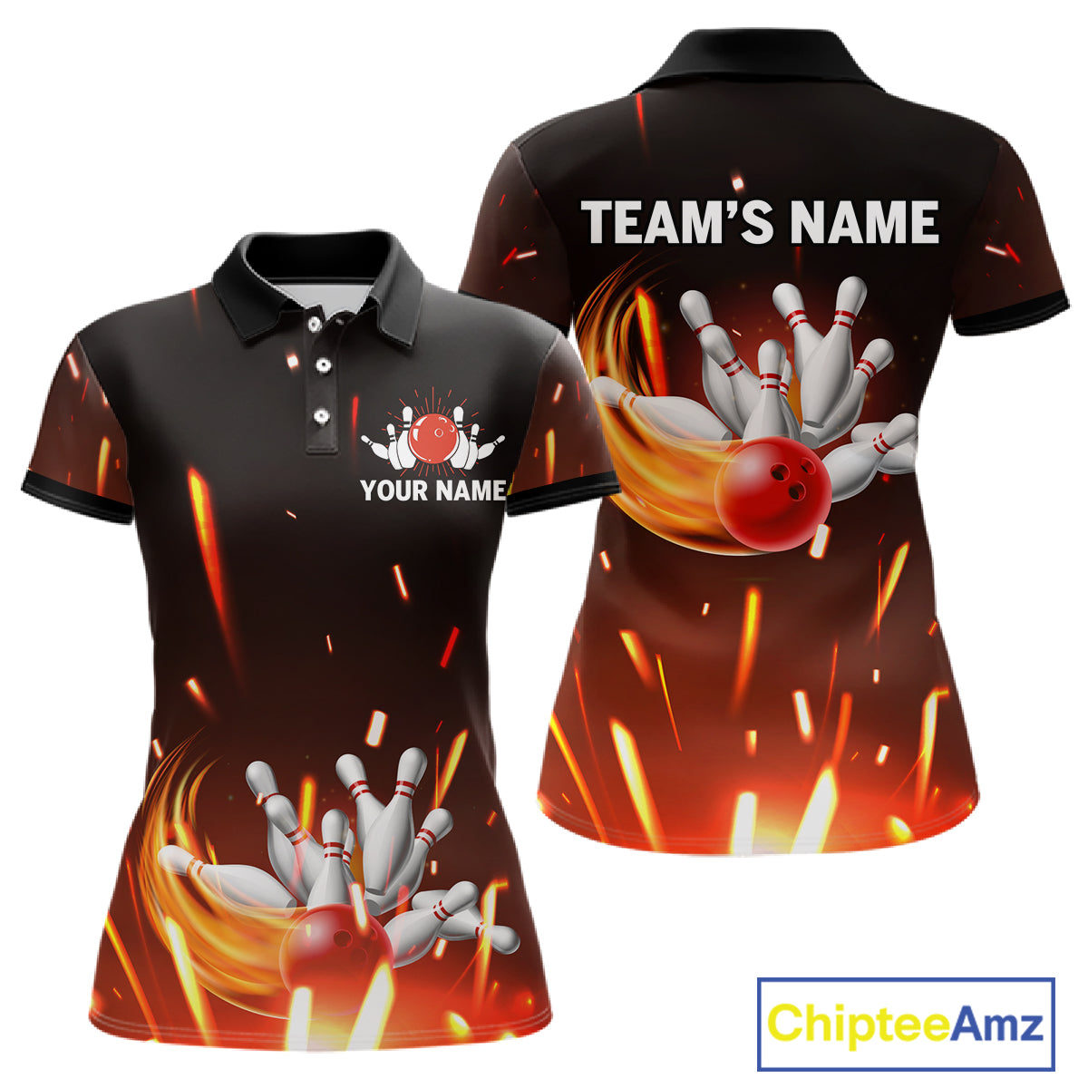 Custom Orange Flame Bowling Jersey for Women Bowling Team Shirts Polo & 1/4 Zip Bowling League HNT502