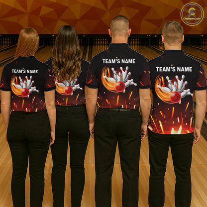 Custom Orange Flame Bowling Jersey for Women Bowling Team Shirts Polo & 1/4 Zip Bowling League HNT502