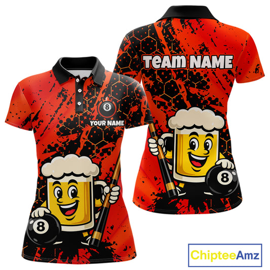 Custom Funny Red Beer 8 Ball Pool Billiard Shirt for Women Polo & 1/4 Zip, Billiard Team Jerseys NNT147