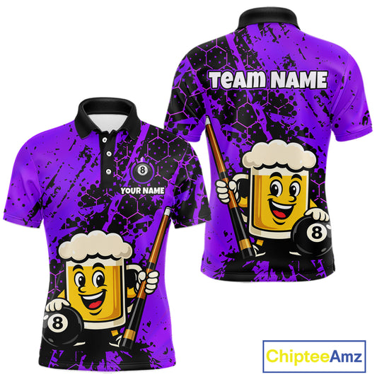 Custom Funny Purple Beer 8 Ball Pool Billiard Shirt for Men Polo & 1/4 Zip, Billiard Team Jerseys NNT147