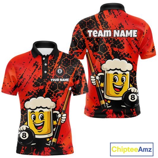 Custom Funny Red Beer 8 Ball Pool Billiard Shirt for Men Polo & 1/4 Zip, Billiard Team Jerseys NNT147