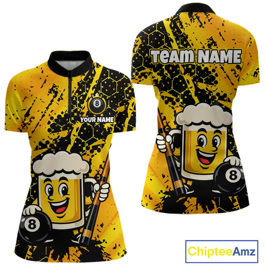 Custom Funny Yellow Beer 8 Ball Pool Billiard Shirt for Women Polo & 1/4 Zip, Billiard Team Jerseys NNT147