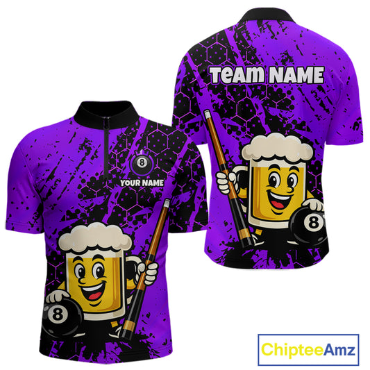 Custom Funny Purple Beer 8 Ball Pool Billiard Shirt for Men Polo & 1/4 Zip, Billiard Team Jerseys NNT147