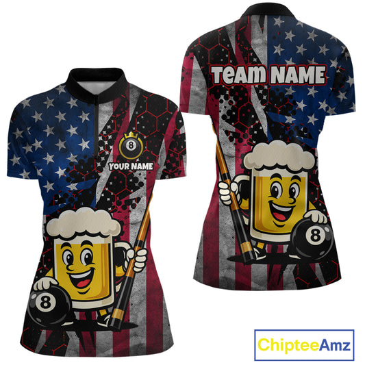 Custom Funny US Flag Beer 8 Ball Pool Billiard Shirt for Women Polo & 1/4 Zip, Billiard Team Jerseys NNT147