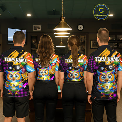 Custom Funny Colorful Owl 9 Ball Pool Billiard Shirt for Women Billiard Team Jersey Polo & 1/4 Zip NNT156
