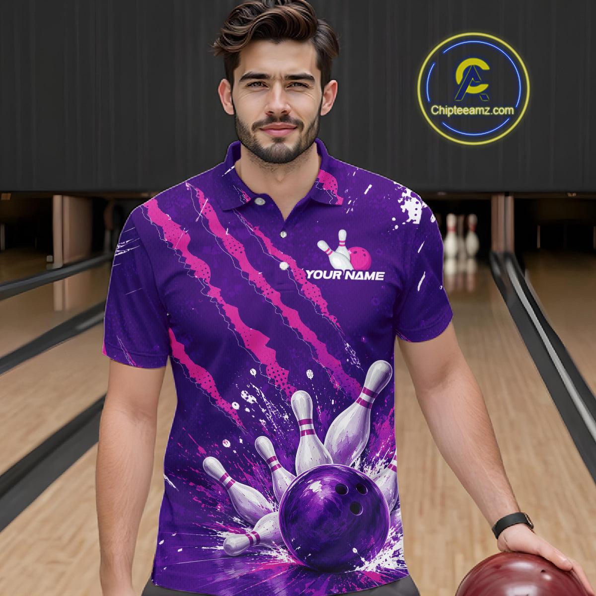 A man wearing a purple bowling-themed short-sleeve polo shirt with pink brushstroke patterns, bowling pins, and a bowling ball graphic, standing in a bowling alley. A circular 'Chipleamz.