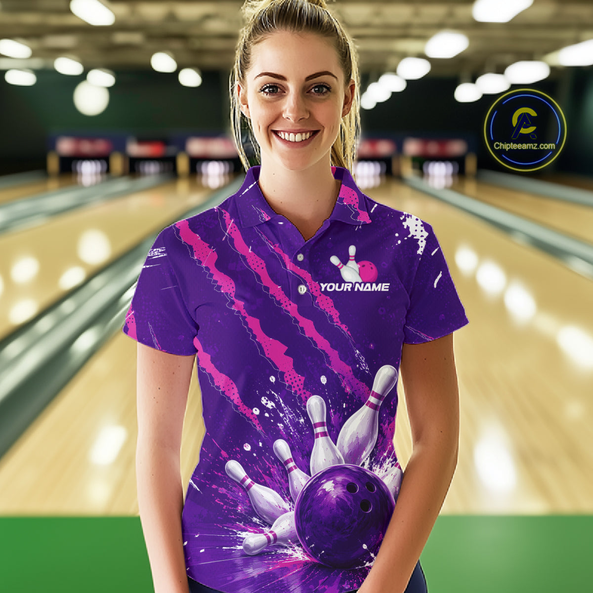A woman stands in a bowling alley wearing a purple short-sleeve bowling-themed polo shirt with pink streaks, bowling pins, a bowling ball graphic, and a 'YOUR NAME' chest print. A circular 'Chippewaz.
