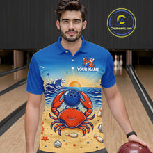 Load image into Gallery viewer, Man wearing a blue polo shirt with a crab design on a bowling alley.