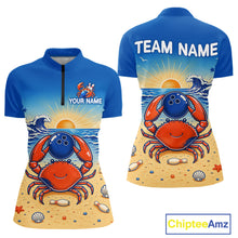 Load image into Gallery viewer, Blue and yellow sports jersey with a crab design on a beach theme, featuring 'Your Name' and 'Team Name' text.
