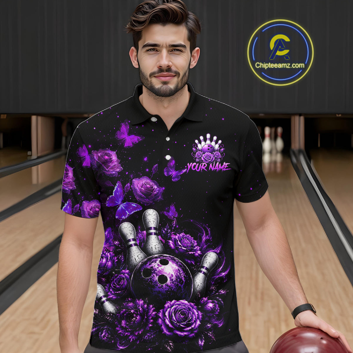 Men’s purple rose butterfly bowling polo shirt, front view on male model in bowling lane 