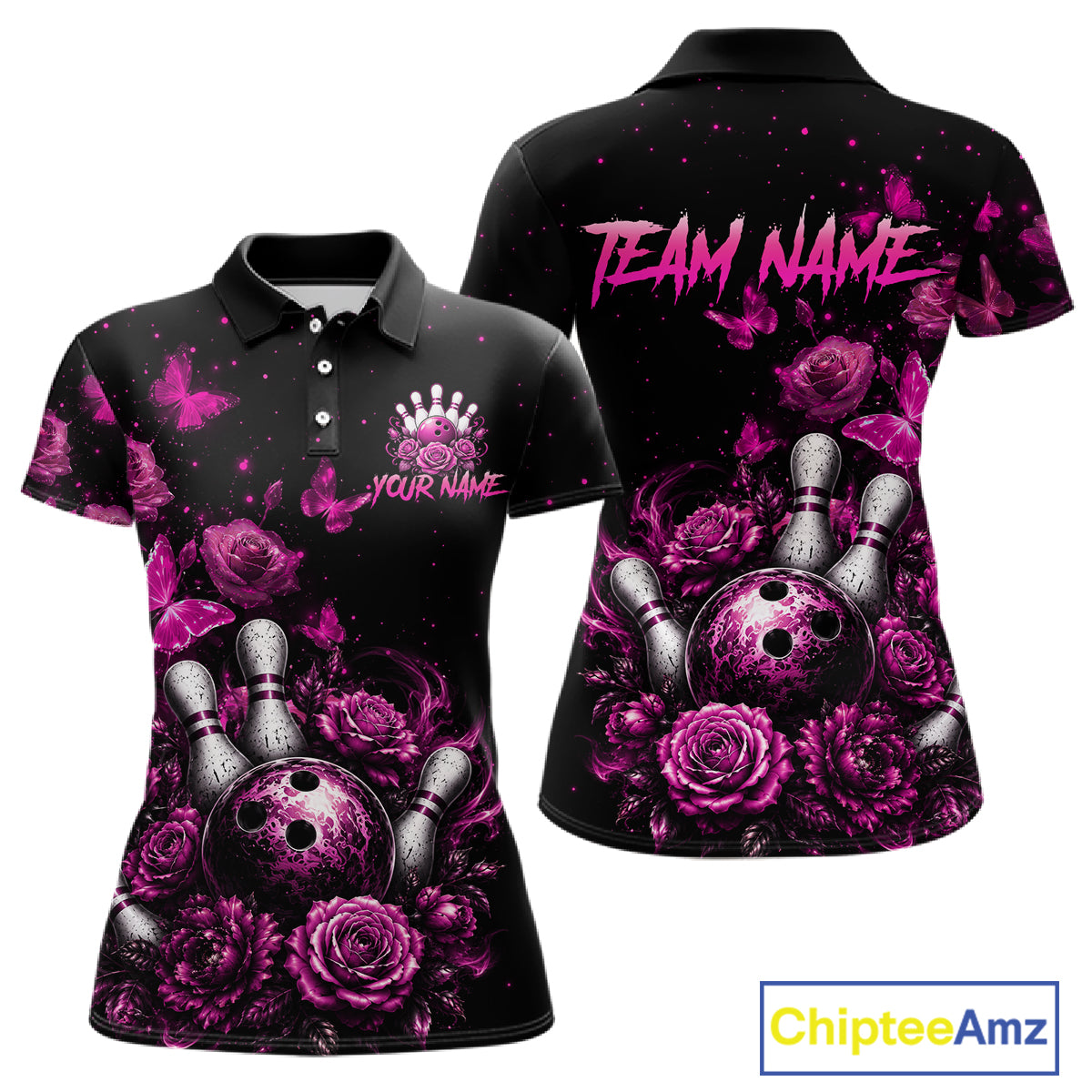 Custom pink rose butterfly bowling jersey for women, personalized team bowling polo shirt front view and back view