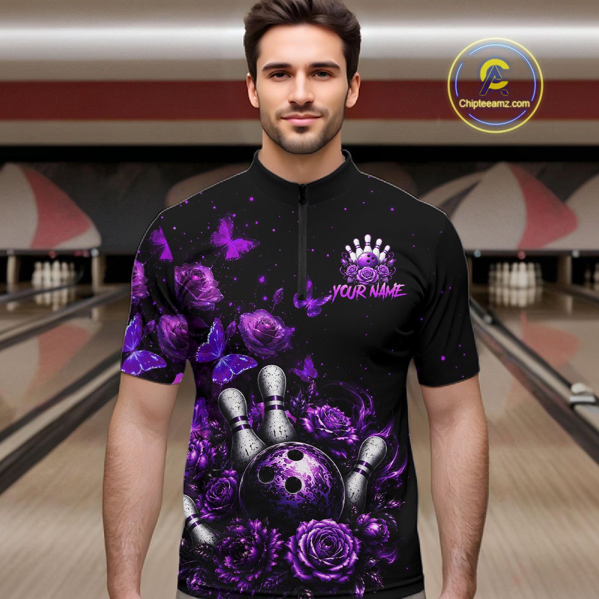 Men’s purple rose butterfly bowling quarter zip shirt, front view on male model in bowling lane 