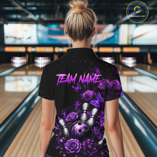 Load image into Gallery viewer, Women’s purple rose butterfly bowling polo shirt, back view on female model in bowling lane 