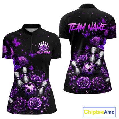Custom purple rose butterfly bowling jersey for women, personalized team bowling quarter zip shirt front view and back view