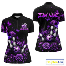 Load image into Gallery viewer, Custom purple rose butterfly bowling jersey for women, personalized team bowling quarter zip shirt front view and back view