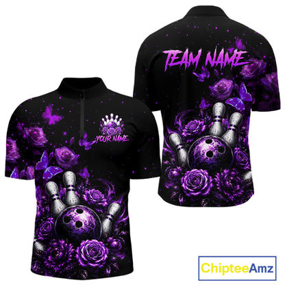 Custom purple rose butterfly bowling jersey for men, personalized team bowling quarter zip shirt front view and back view