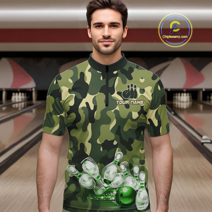 Custom Military Green Camo Bowling Jersey for Men Bowling Team Shirts Polo & 1/4 Zip HNT512