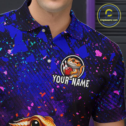 Men’s funny bearded dragon bowling polo shirt with custom name, angled front view showing custom team design 