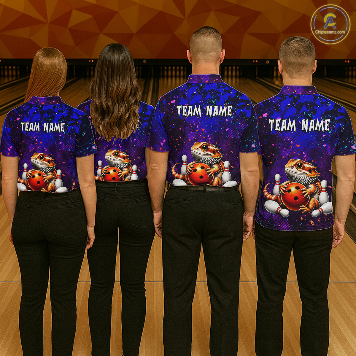 Group of bowlers in funny bearded dragon team shirts, personalized bowling uniforms back view.