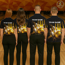 Load image into Gallery viewer, Four people wearing bowling team shirts with a design of a bowling ball and pins on a bowling alley background.