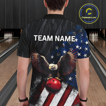 A person viewed from behind wearing a short-sleeve bowling shirt with a patriotic American flag design, featuring a bald eagle holding a red bowling ball and the text 'TEAM NAME' on the back. Bowling lanes are visible in the background, and a Chipteameinz.