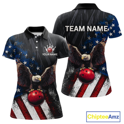 Front and back views of a custom short-sleeve polo shirt featuring a patriotic American flag design with a bald eagle and red bowling ball graphic, customizable text areas, and a ChipteeAmz logo in the corner.