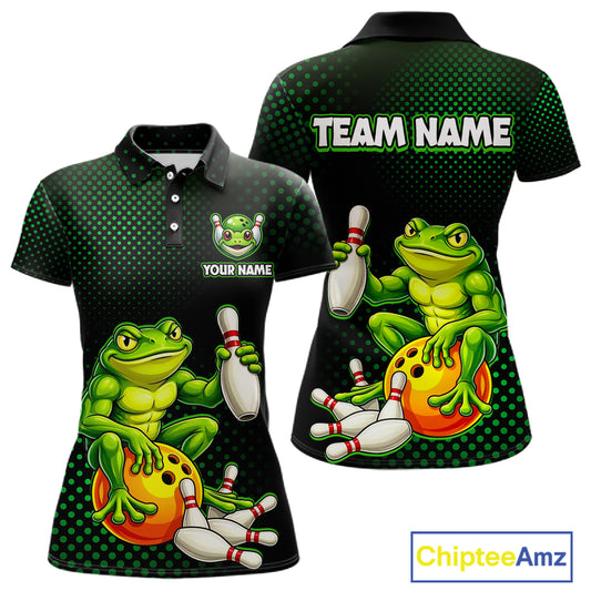 Custom Funny Frog Bowling Jersey for Women Bowling Team Shirts Bowling League Polo & 1/4 Zip HNT246